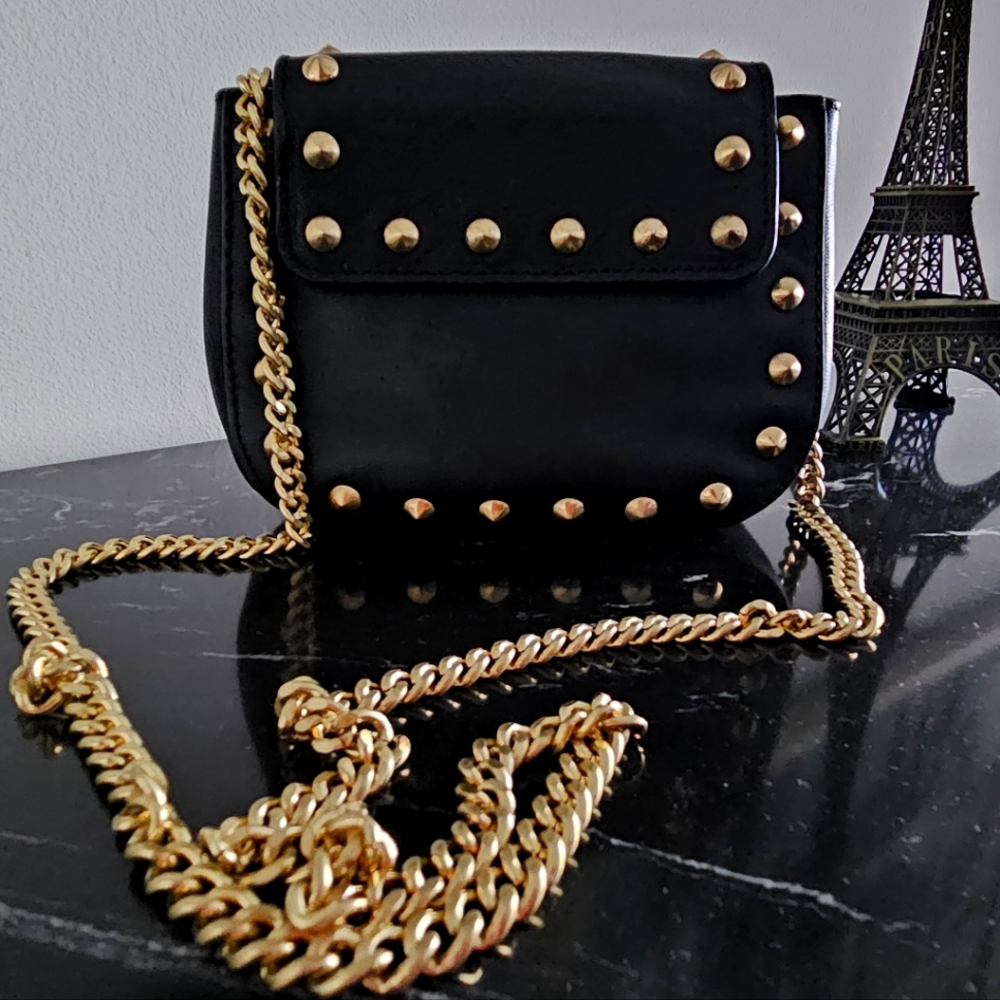 B Brian Atwood Black Crossbody with Gold Studs and Chain